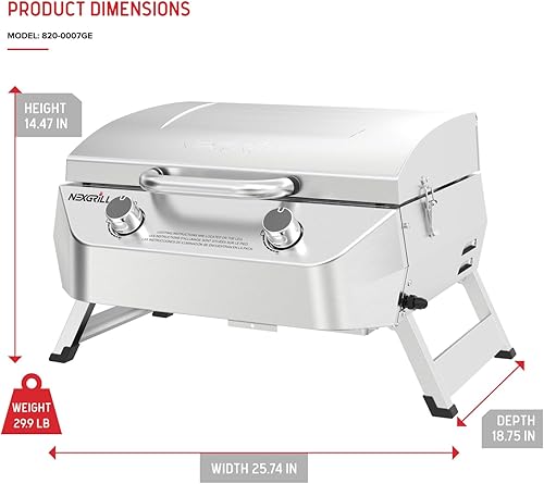 Miniatura 7 de Nexgrill Parrilla de gas portátil de acero inoxidable de 2 quemadores, 20,000 BTU, 251 pulgadas cuadradas de espacio de cocción, perfecta para