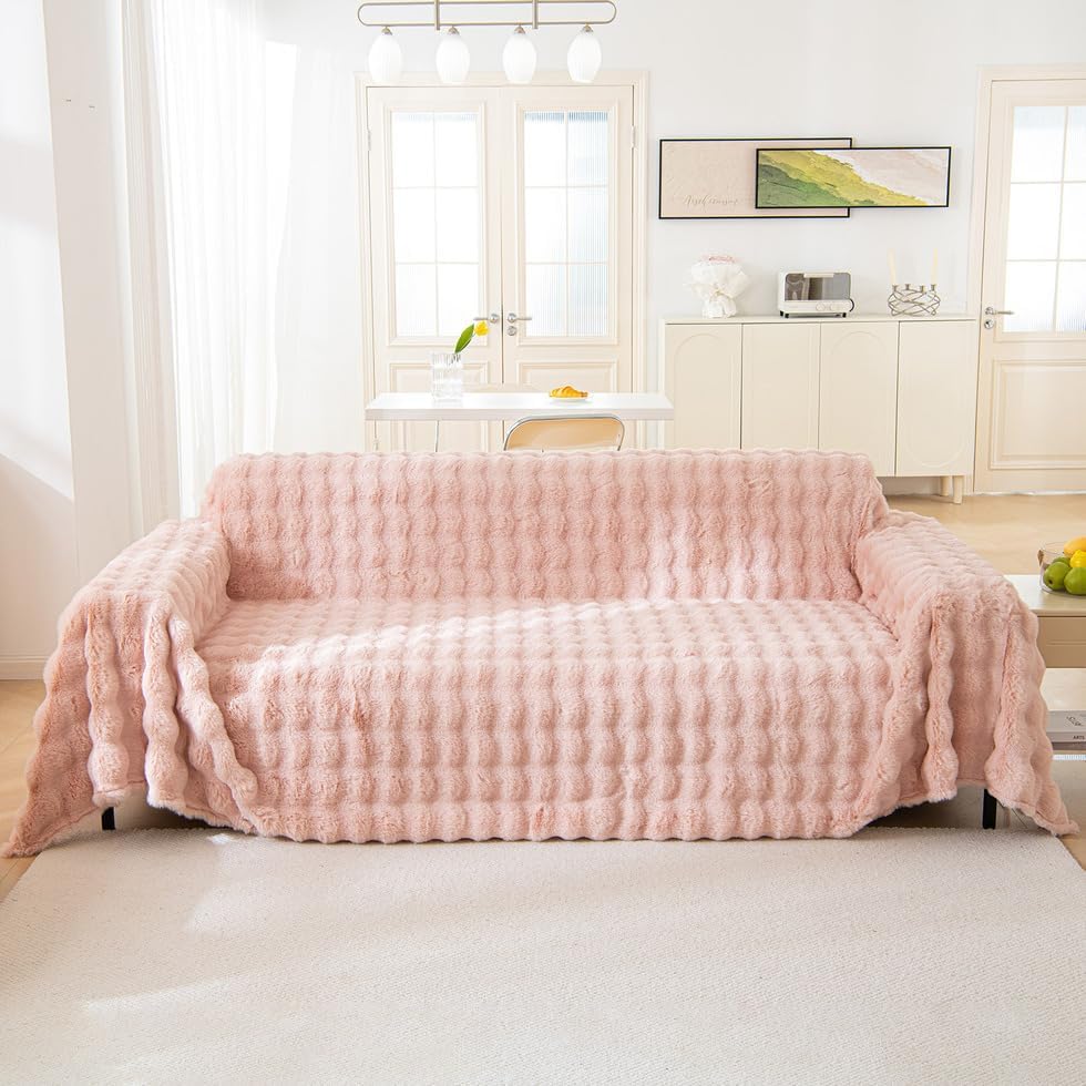 AMWAN Baby Pink Casual Cozy Faux Fur Couch Cover for Dogs,Kids,Aesthetic Sofa Cover for Love Seat,3 Cushions Couch Sofa,Multifunctional 1 Piece Shaggy Sofa,Bed Throws Machine Washable 71"x118" Large (71" x 118") Fa-baby Pink