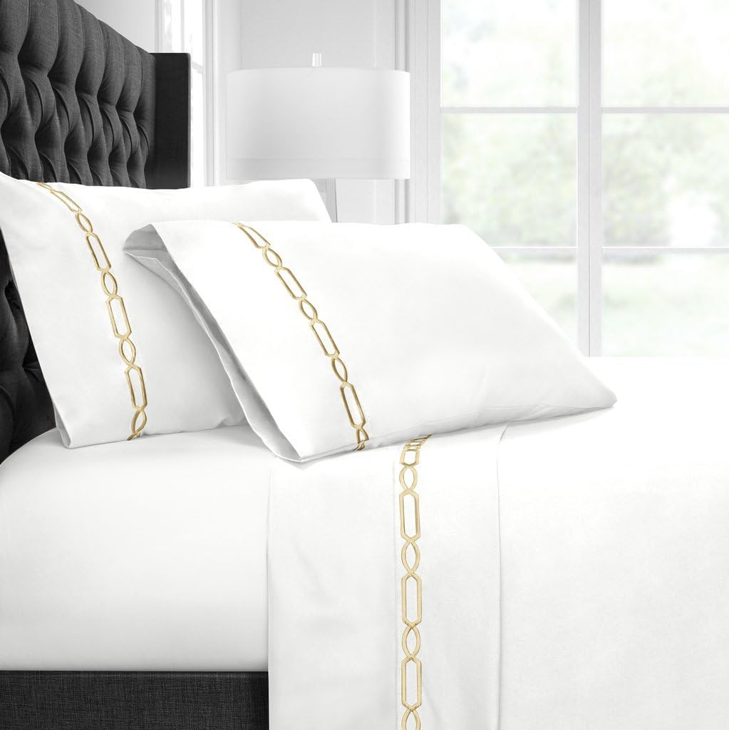 Egyptian Luxury Embroidered Bed Sheet Set – Ultra Soft Premium 1500 Series w/Beautiful Fretwork Embroidery – Wrinkle & Fade Resistant, Hypoallergenic 4 Piece Set - Twin - White/Gold