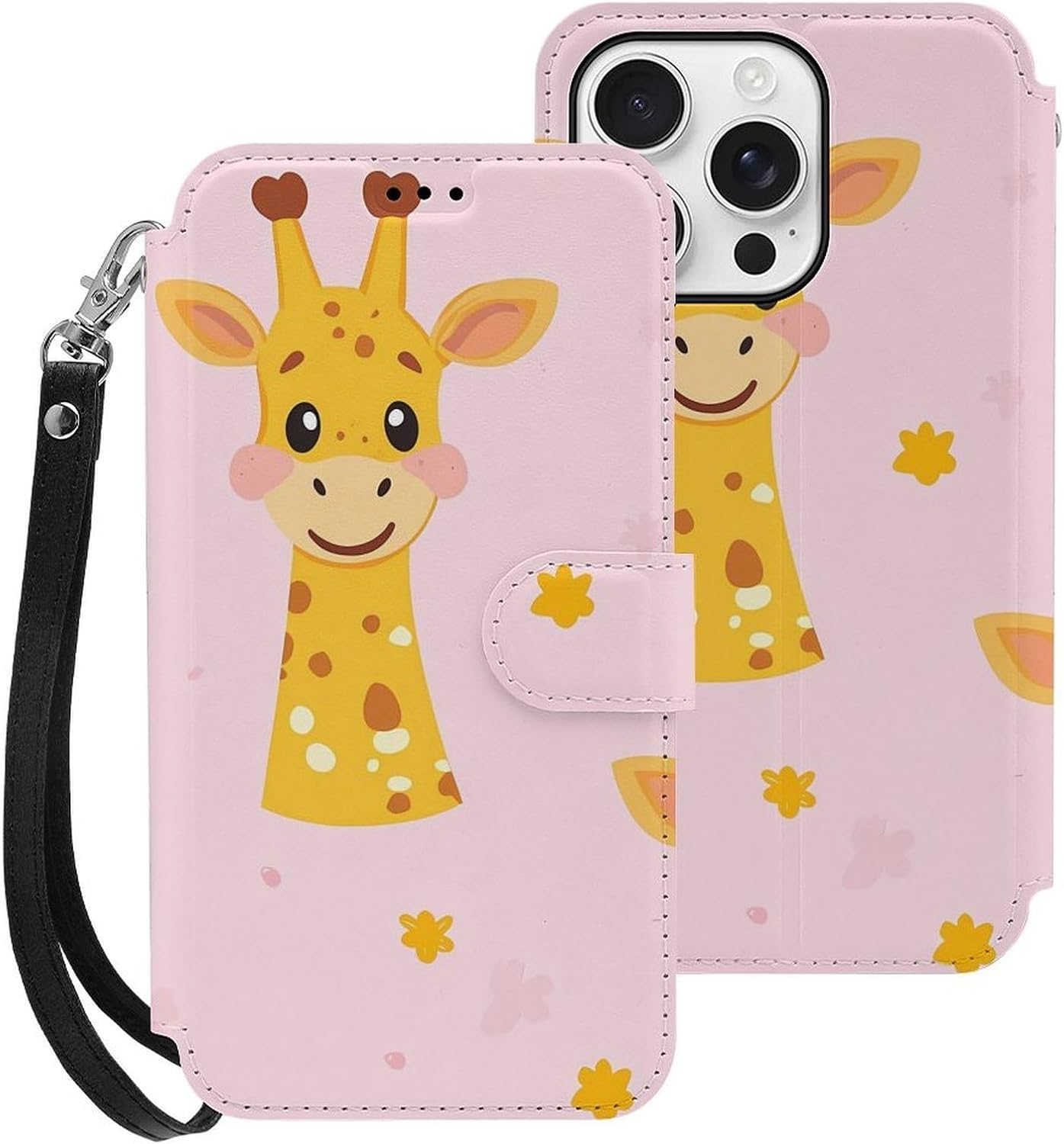 Cute Giraffe Compatible with iPhone 16/16 Plus/16 Pro/16 Pro Max/16 E Case Phone Wallet Card Holder Flip Cover with Wrist Strap