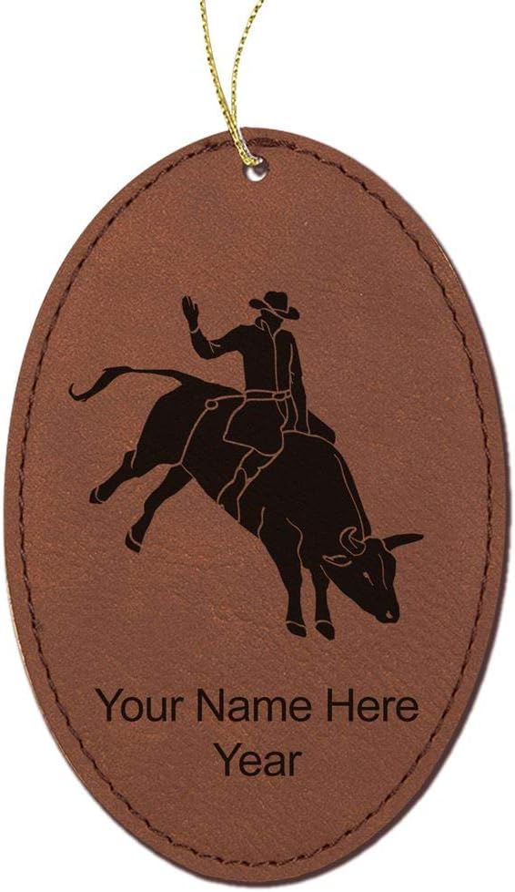 LaserGram Personalized Christmas Ornament, Bull Rider Cowboy, Faux Leather, Custom Laser Engraved Gift Idea (Oval Shape, Rustic)