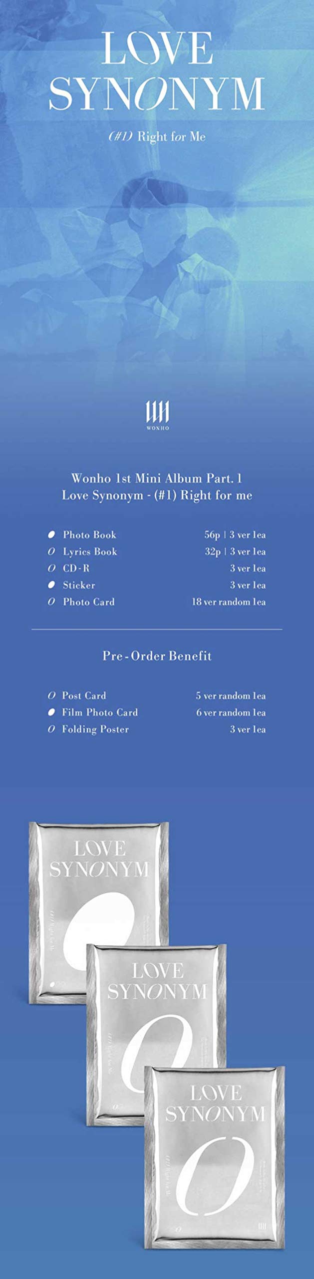 Monsta X Wonho 'Love Synonym #1. Right for Me' 1st Min Album 3 Version Set CD+56p Photo Book+32p Lyrics Book+1p Sticker+1p Photo Card+Tracking Sealed