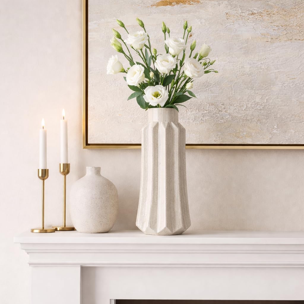 Refined Faceted Vase for Living Room Decor - Sculptural Home Display Accent with Vertical Panel Detailing - Decorative Flower Vase for Room, Bedroom, House, Office, and Table - 19", Taupe