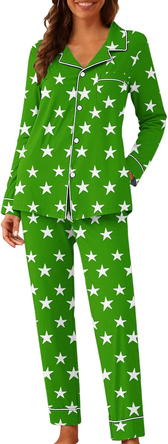 Oplxuo Womens Valentines Pajamas Long Sleeve Button Up Pajama Set Heart Print Spring Pjs Sets 2 Piece Lounge Set Sleepwear