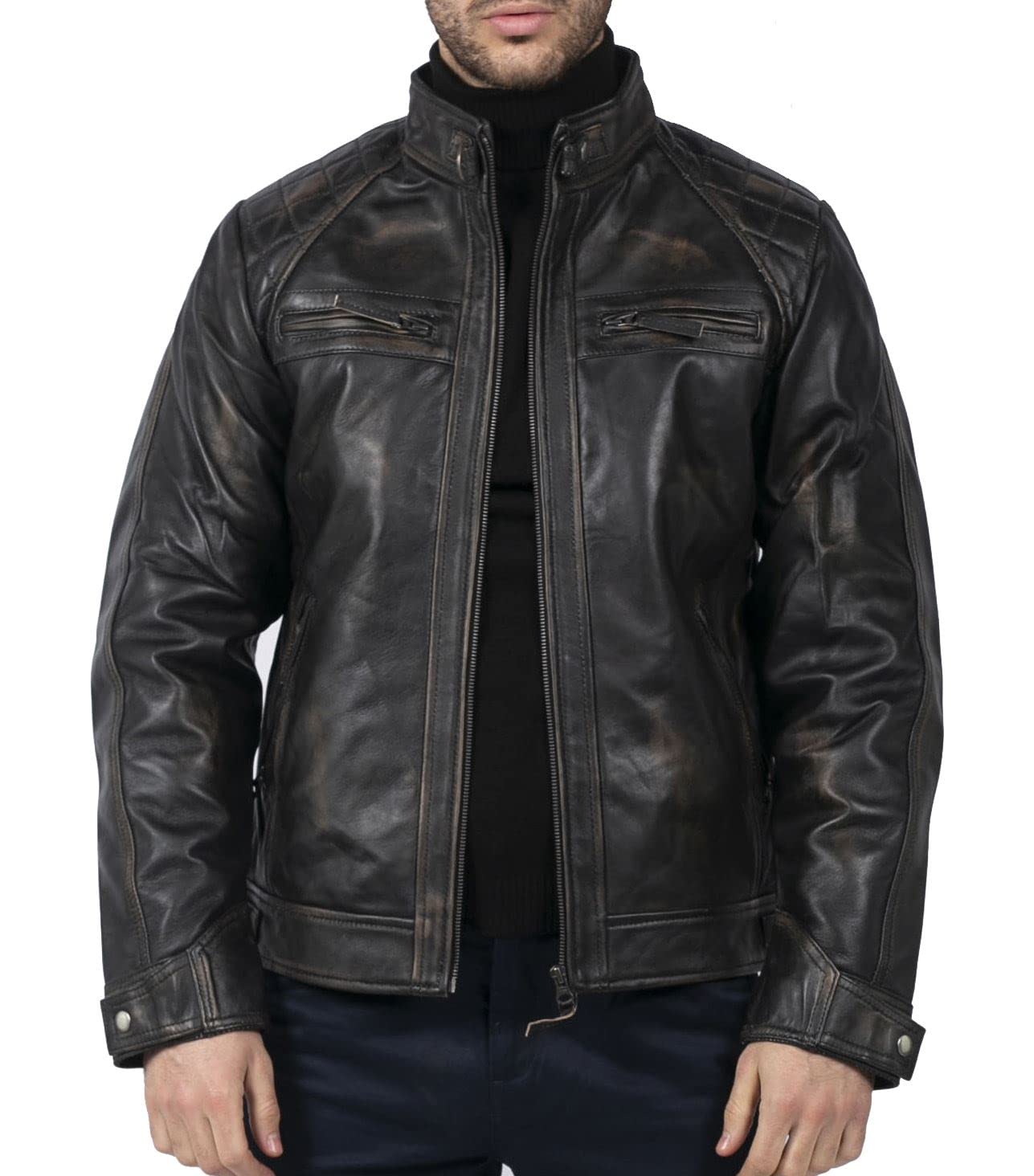 TruClothing Men's Leather Biker Jacket - Black - 2XL