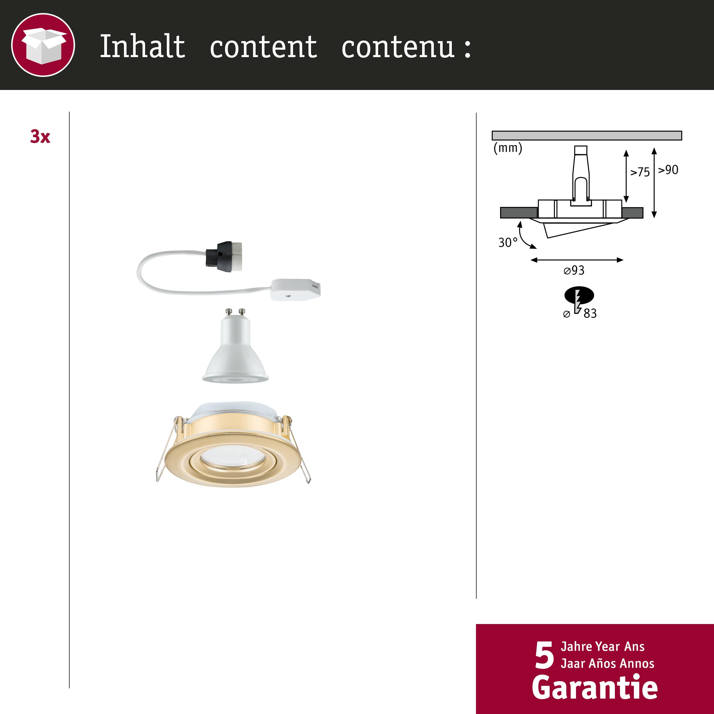 Paulmann 92408 Nova Plus - Foco empotrado (LED, IP65, redondo, 93 mm, 30 °, GU10, 3 x 6 W, 3 x 460 lm, 230 V, regulable 2700 K, color dorado mate