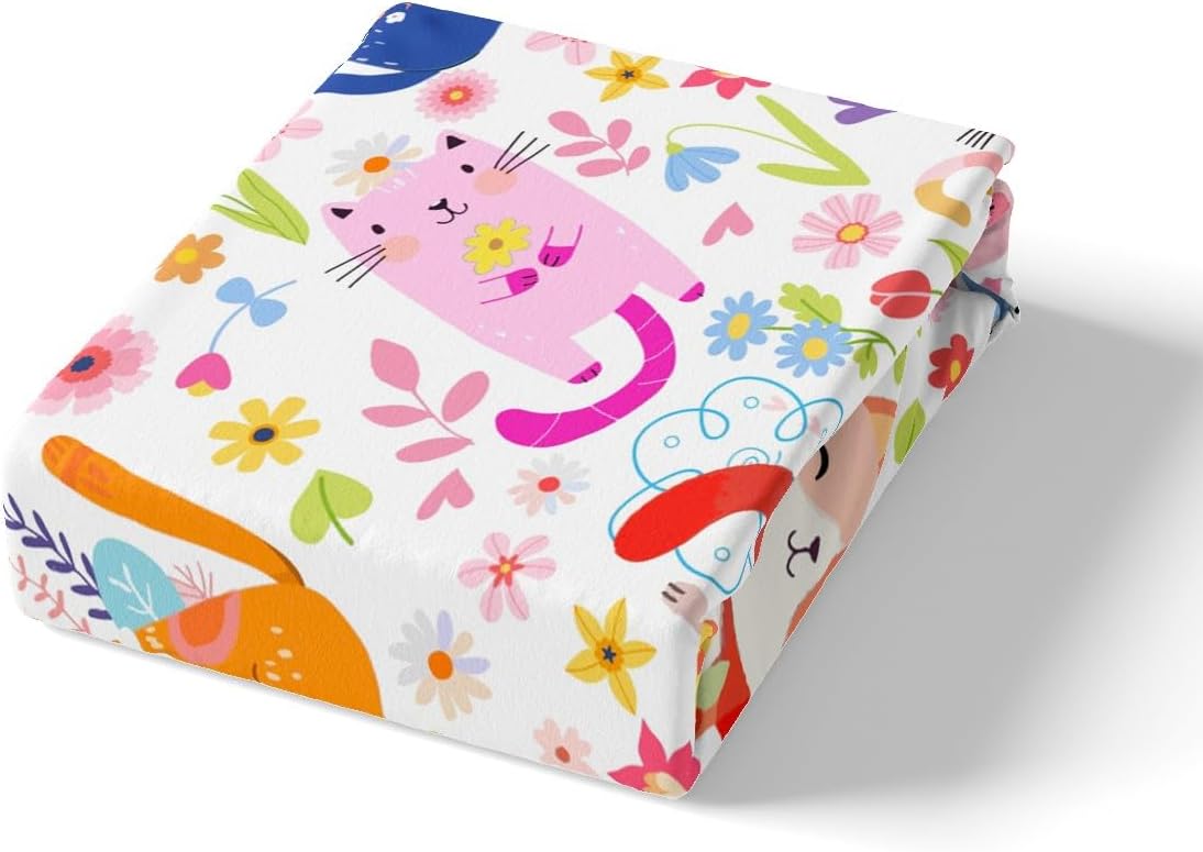 Feelyou Kids Cartoon Cat Comforter Cover Toddler Size, Cute Kitten Bedding Set Boys Girls Floral Animals Duvet Cover Teens Bedroom Decor Quilt Cover (No Comforter)