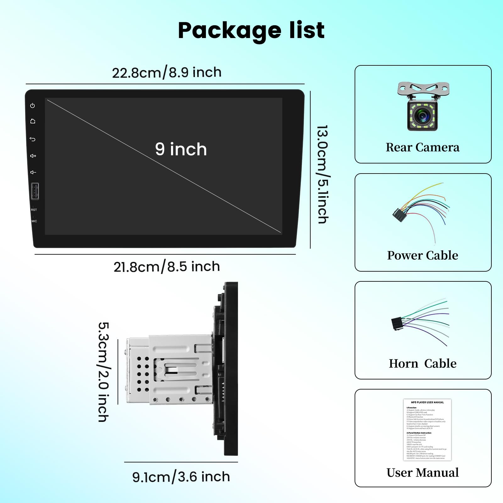1 DIN Autoradio Bluetooth Touch Screen 9 Pollici | Stereo Auto Schermo Double Din Radio Supporto FM, USB, EQ, Specchiamanto Telefono, con Telecamera Posteriore