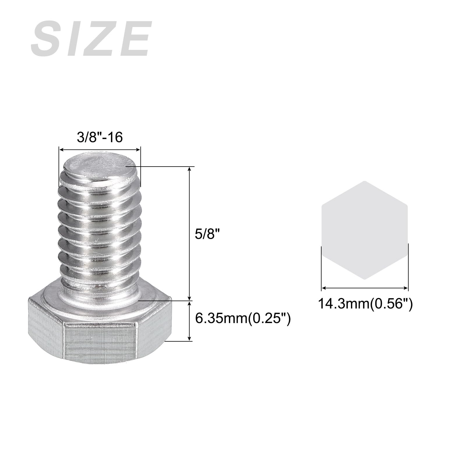 METALLIXITY Hex Head Bolts (3/8-16 x 5/8") 20Pcs, 304 Stainless Steel 18-8, Fully Threaded, External Hex Drive, Plain Finish - Image 2