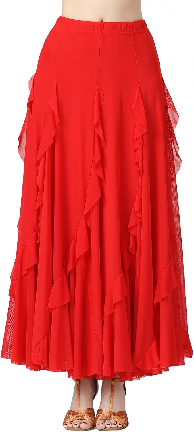 CISMARK Mesh Elegant Ballroom Latin Dance Party Long Swing Belly Dance Skirt for Women