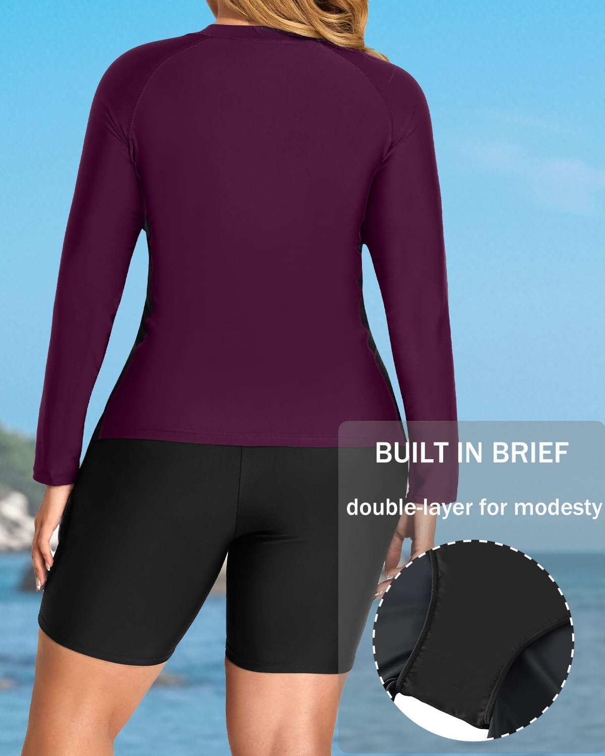 Daci Plus Size Rash Guard for Women - Long Sleeve UPF 50+ Swimsuits 2 Piece Half Zipper Swim Shirt with Long Shorts