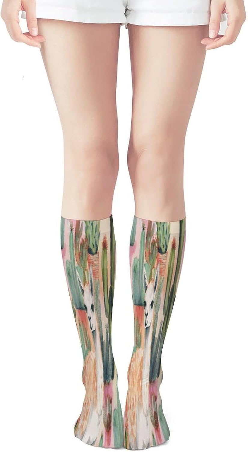 White Alpaca Watercolor Painting And Cactus Women High Waist Fishnet Stockings Stretch Mesh Pantyhose Sexy Trendy Legwear for Daily Wear
