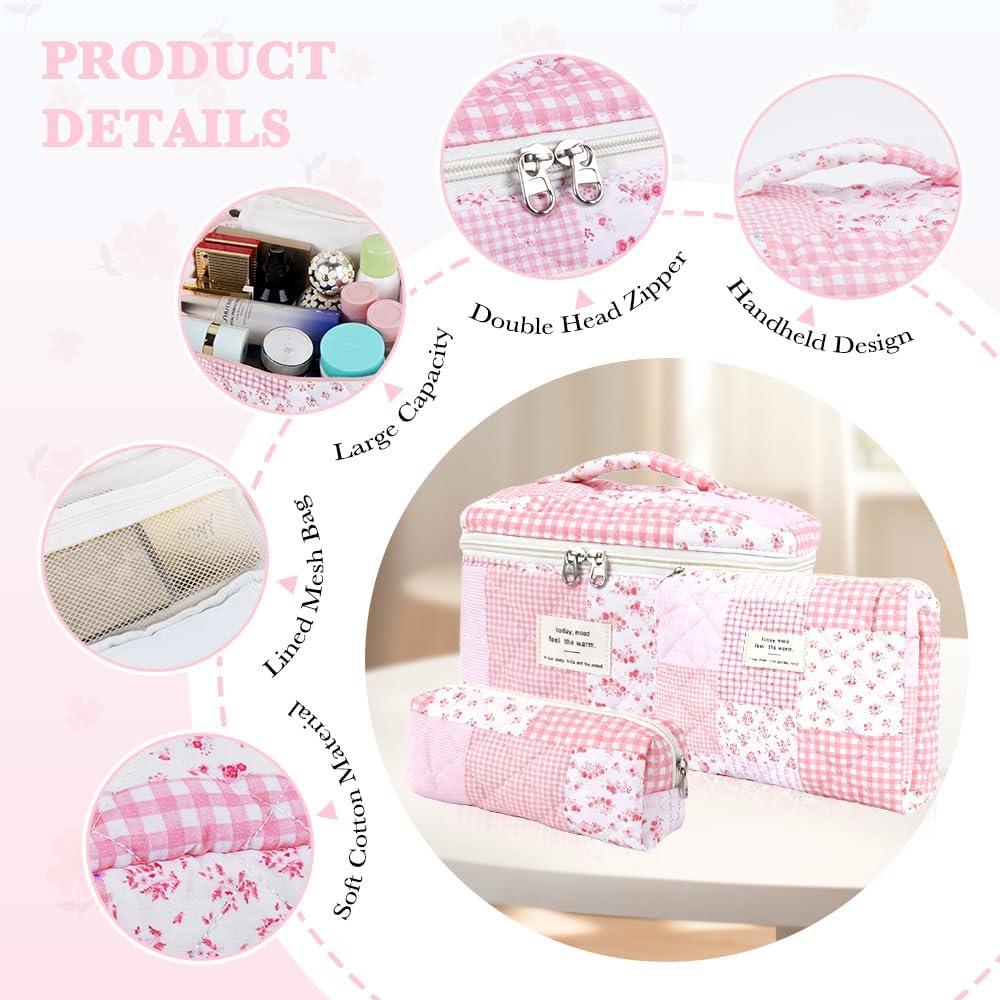 3Pcs Cotton Quilted Makeup Bag Set,Large Floral Cosmetic Bag，Aesthetic Toiletry Travel Makeup Bag Set and Cute Flower Bag for Women Girls. (Pink Flower Gingham) image 4