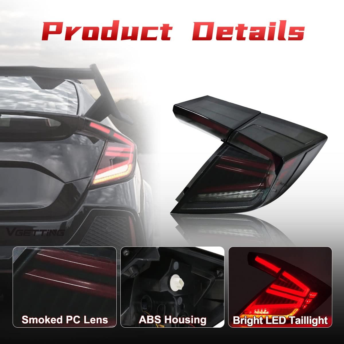 LED Tail Lights For Honda Civic Hatchback Type R 2016-2020 Rear Tail Lamps Assembly with Sequential Turn Signal DRL Reverse Smoked Lens Brake Light