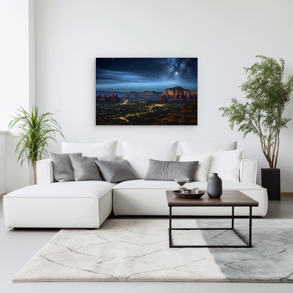 Canvas for Living room. Starry Splendor Above Serene Valley: A Nighttime Symphony of Nature and Town Lights, 27 x 18 inch Canvas Wall Art - Ready to Hang