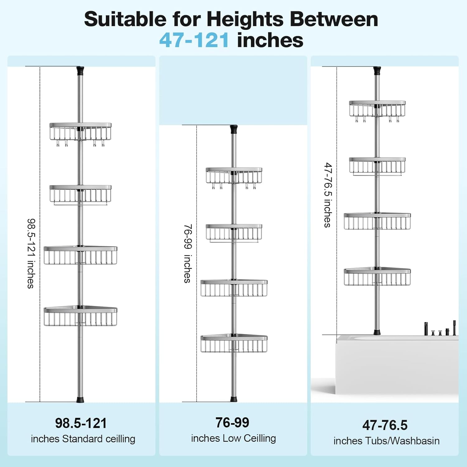 Corner Shower Caddy Tension Pole: 47-121 inch Adjustable Rustproof 4-Tier Bathroom Organizer for Shampoo Storage - Quick Installation Bathtub Shelves - Rod Floor Standing Inside Bath Rack