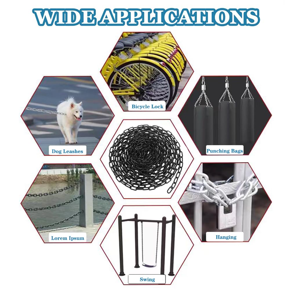 19.7 ft Long Black Chain Link 1/4" Heavy Duty Chain Bulk for Hanging Plants Metal Porch Swing Chain Kit Carbon Steel Gate Chain for Outdoor Fence, Punching Bag, Hammock Chair