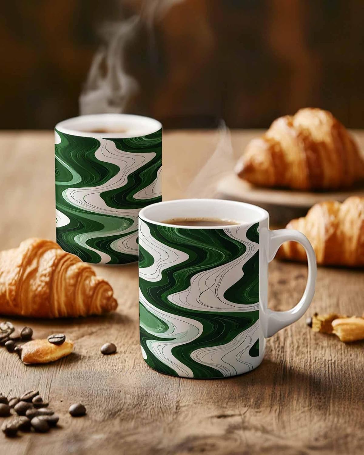 BEMIGO Ceramic Coffee Mug Abstract Wave Texture Ceramic Mug White Cup, Green White Insulated Coffee Cup with Handle with Pattern Perfect for Tea and Hot Beverages, 12oz