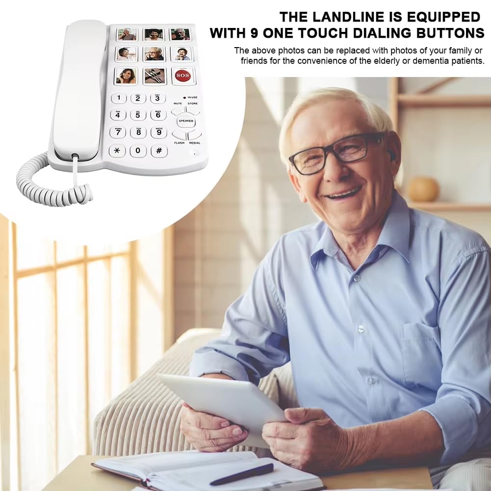 Téléphone Fixe Amplifié à Grandes Touches avec Mémoire Photo, Téléphone de Bureau Filaire.
