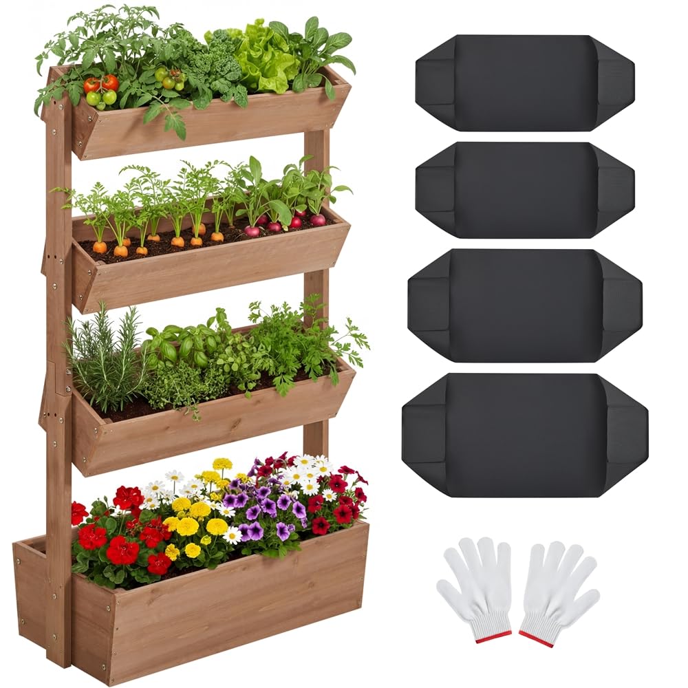 Yaheetech Jardinière Surélevée 4 Niveaux Bac de Potager en Bois de Sapin avec Trous de Drainage pour Balcon Terrasse Jardin Support pour Plantes Herbes Fleurs Légumes Brun Foncé