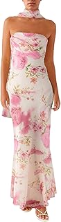 Women Floral Tube Maxi Dress with Scarf Y2K Strapless Bodycon Summer Party Long Dress Vacation Halter Dresses - Buy now