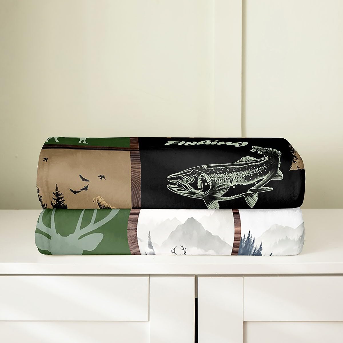 Feelyou Wild Deer Plush Throw Blanket, Twin 60"x80" Fishing Hunting All Season,Bed Blanket for Sofa Couch Kids Wild Animal Flannel Fleece Blanket Green Brown