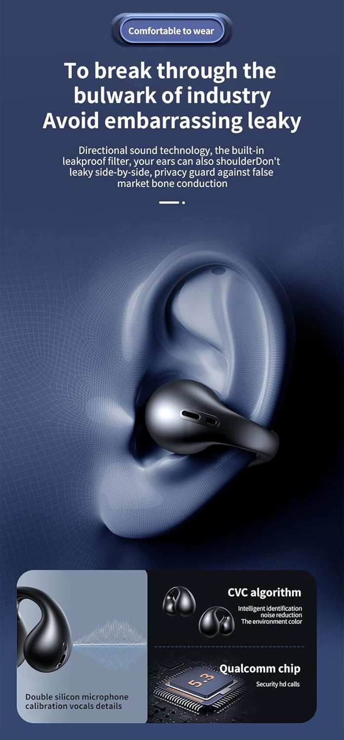 Bluetooth Headphones Open Ear Clip Headphones Bluetooth 5.3 Sports Earphones Built-in Mic,36H Playtime Bone Conduction Headphones Bluetooth Earphones for Running,Sports,Cycling,Driving, Black