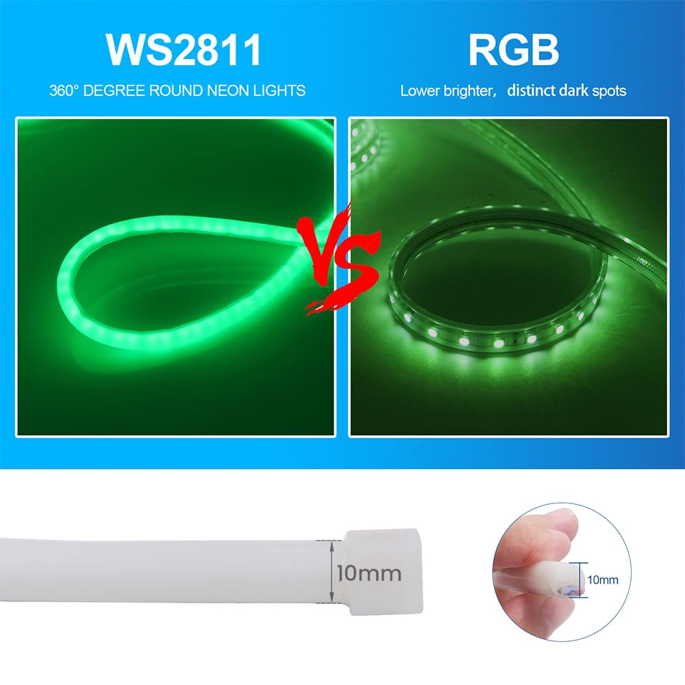 KISUFU 24V WS2811 RGB Tira de Luces LED de Neón, 360 Grados Tira LED Neón SMD 3535 120LED/M IP67 Impermeable con 24 keys Wifi Music Control, Flexible Cinta LED para Bricolaje Fiesta Decoración.
