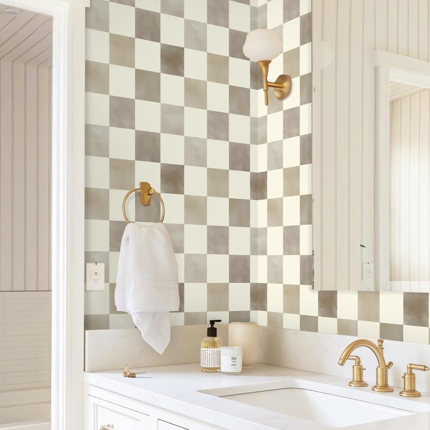 Ismoon Checkered Wallpaper Peel and Stick Neutral Mosaic Checkered Contact Paper 17.3in x 19.68ft Vintage Removable Self-Adhesive Wallpaper for Bathroom Bedroom Kitchen Shelf Liner Vinyl
