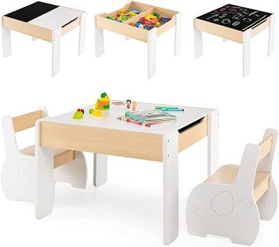 Costzon Kids Table and Chair Set, 4 in 1 Wooden Activity Table & 2 Chairs with Detachable Blackboard for Arts, Crafts, Drawing, Reading, Storage, 3 PCS Toddler Table and Chairs for Boys Girls White