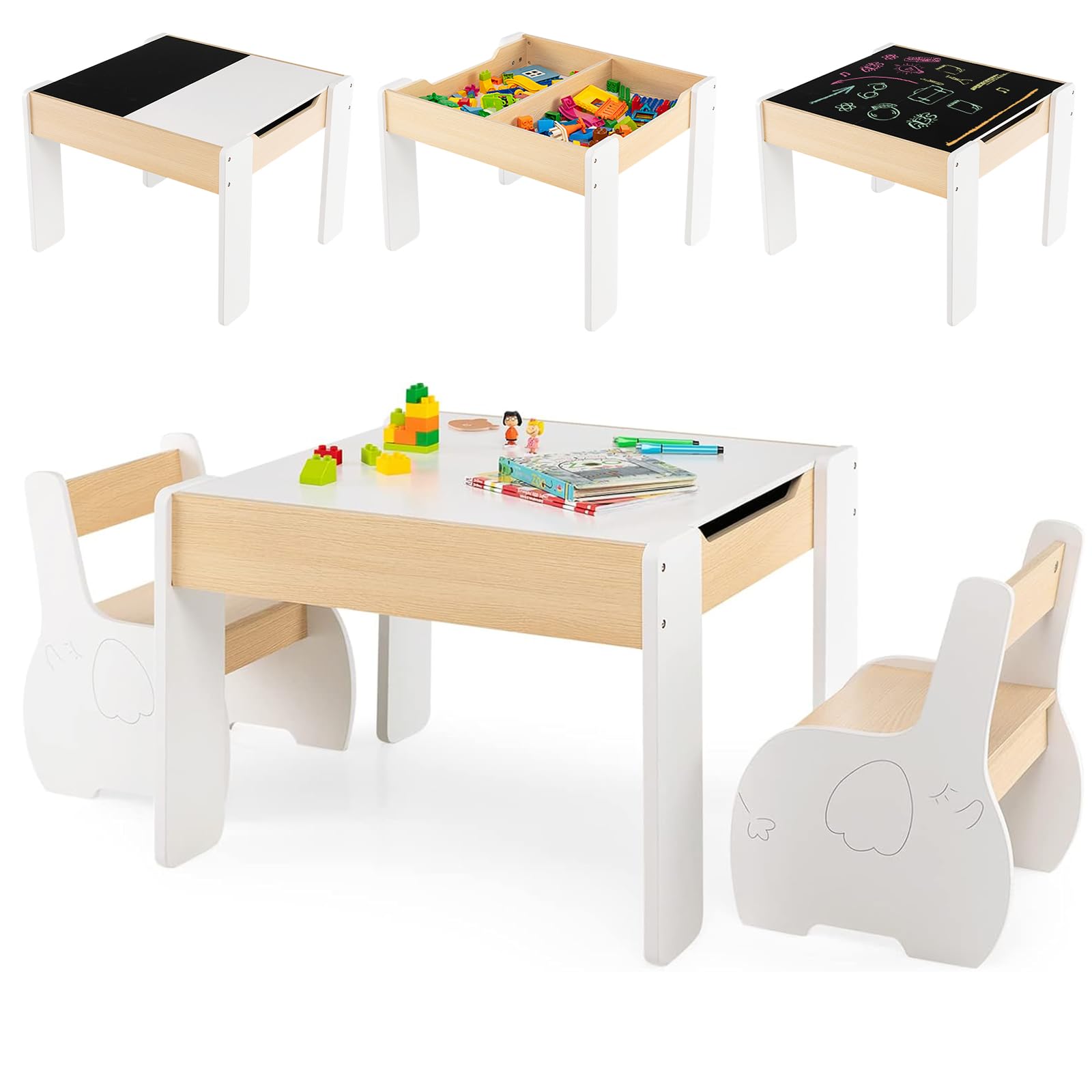Costzon Kids Table and Chair Set, 4 in 1 Wooden Activity Table & 2 Chairs with Detachable Blackboard for Arts, Crafts, Drawing, Reading, Storage, 3