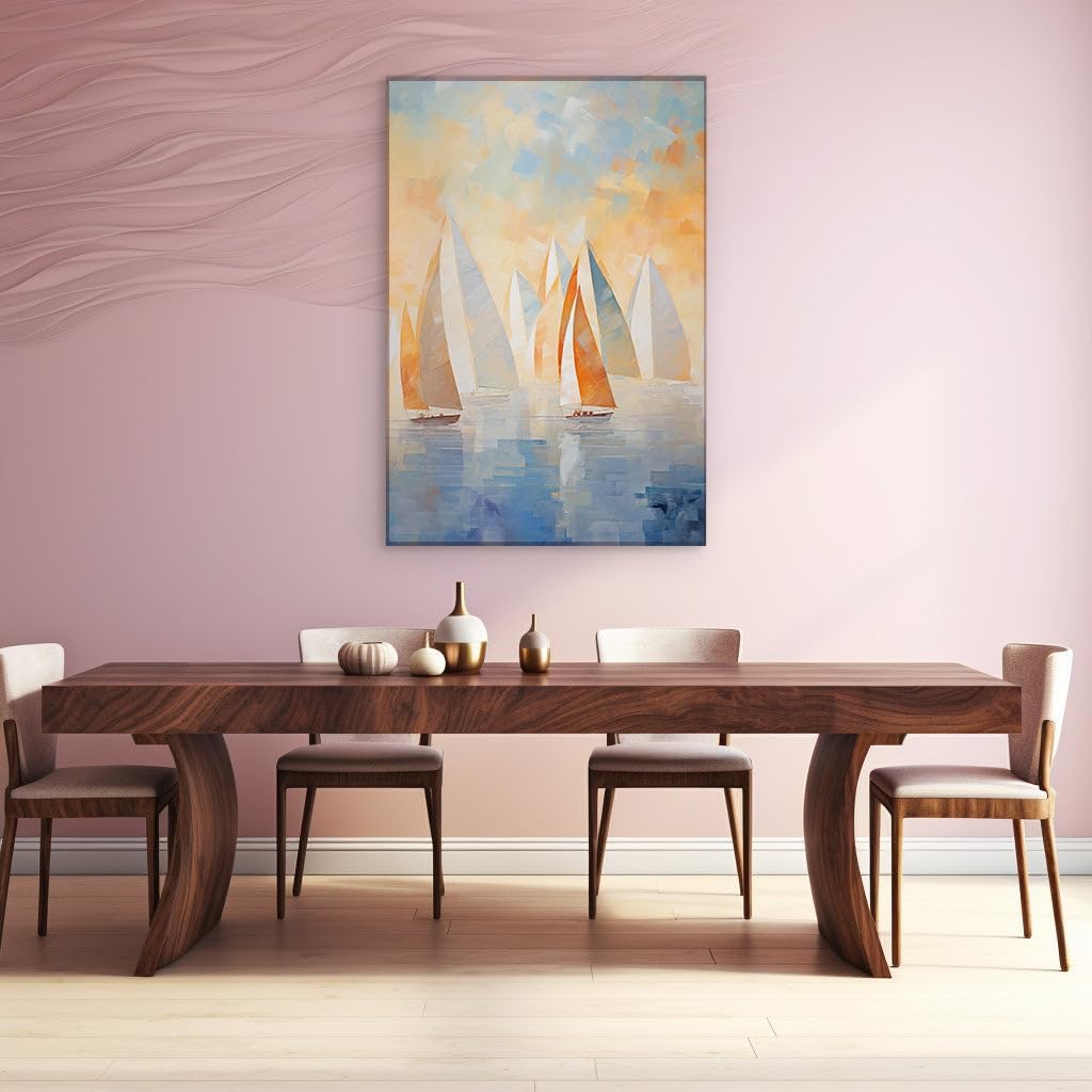 Canvas for Living room. Sailing into Serenity A Panorama of Sailboats Against the Blue and Golden Sky, 27 x 18 inch Canvas Wall Art - Contemporary Masterpieces - Modern Home Decor
