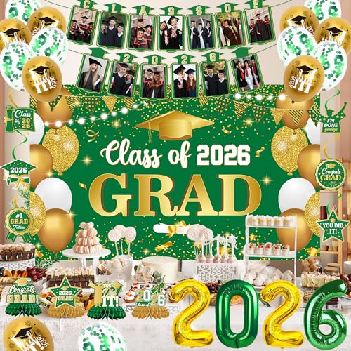 Image of Holkcog 2026 Graduation Decorations, Green Gold Class of 2026 Congrats Graduation Backdrop, Balloons, Honeycomb ornament for Graduation Party Decorations, Outdoor Indoor Grad Party Decor Supply