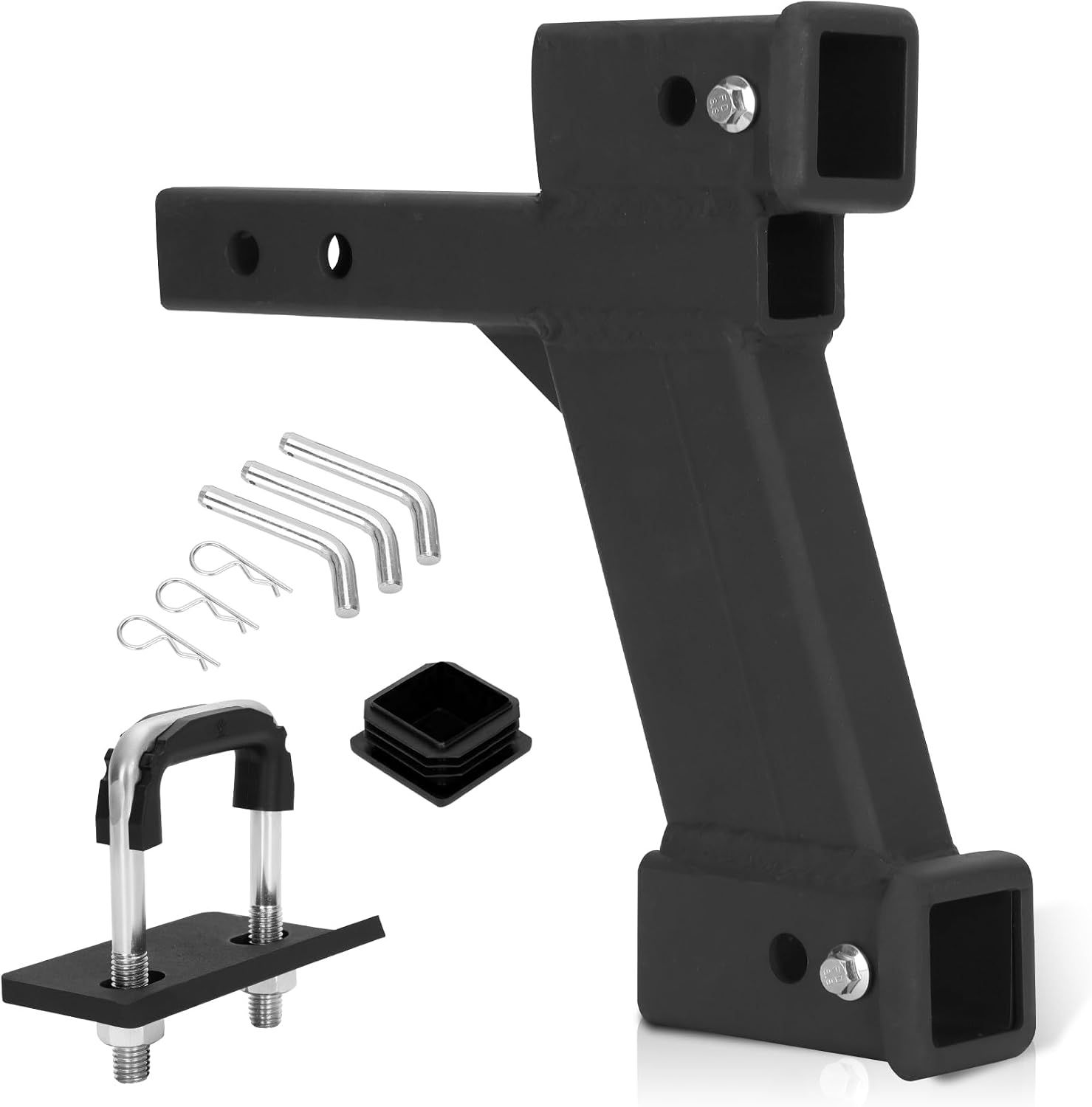 10000lbs 10-Inch Trailer Dual Hitch Extender Adapter, 2 Inch Receiver with 10 Inch Drop, Adjustable 9" or 10" Length, Trailer Hitch Dual Hitch, 3-Pack Hitch Pins and Universal Trailer Cap, Black