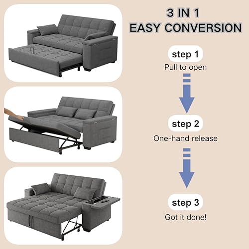Miniatura 4 de Gizoon 3 in 1 Convertible Sofa Bed Queen, 63.6'' Pull Out Couch with Storage Armrests, Sofa Cama, Adjustable Backrest & Pockets, Linen Loveseat