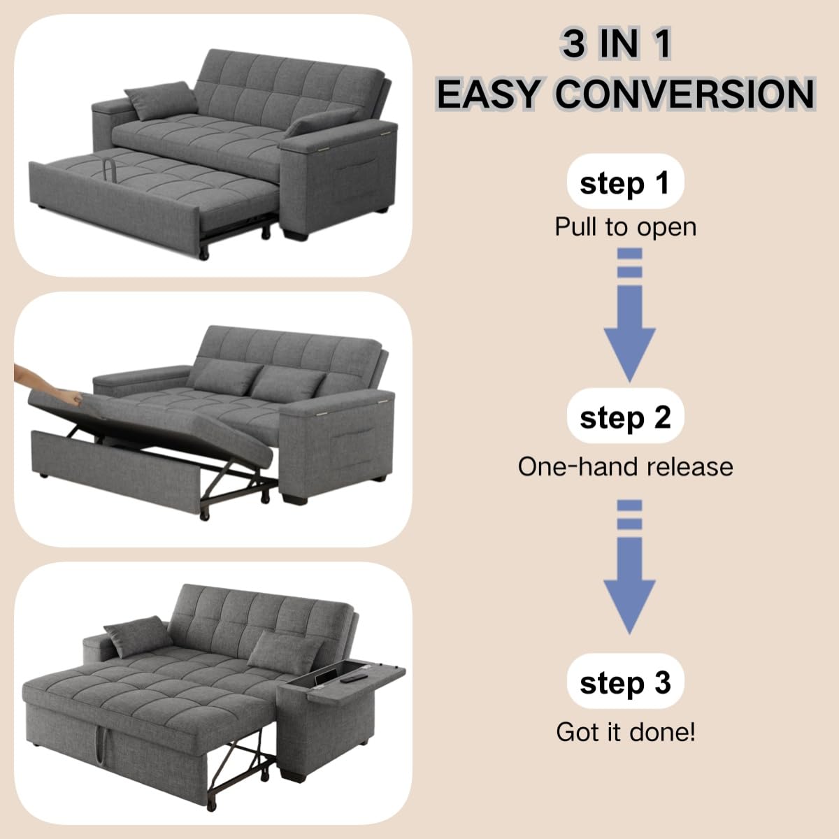 Gizoon 63.6'' Sleeper Sofa 3 in 1 Sofa Bed Convertible Loveseat Small Couch | Futon Sofa Bed for Small Spaces Apartment Living Room, Storage Armrests & 5 Adjustable Backrest, Dark Grey