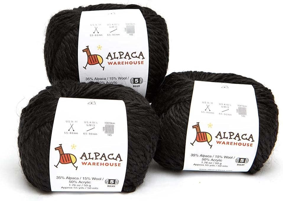 Blend Alpaca Yarn Wool Set of 3 Skeins Fingering Worsted Weight - Heavenly Soft and Perfect for Knitting and Crocheting (Black, Bulky)