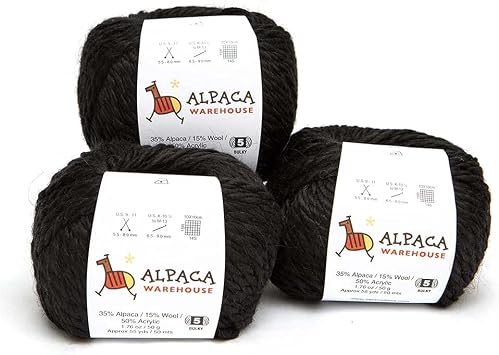 Blend Alpaca Yarn Wool Set of 3 Skeins Fingering Worsted Weight - Heavenly Soft and Perfect for Knitting and Crocheting Black, Bulky