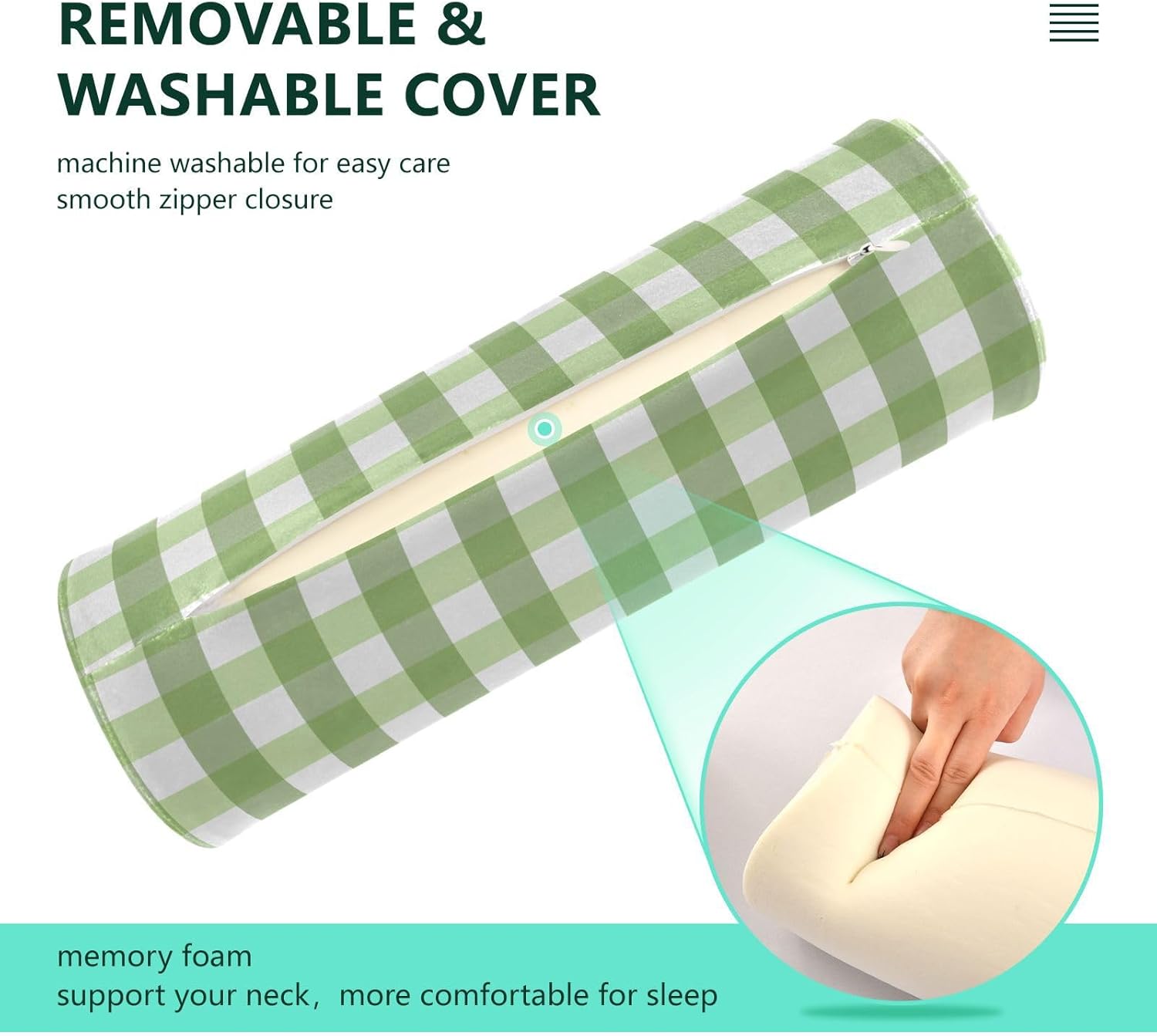 Green Stripes Plaid Neck Pillow Cervical Neck Roll Pillow with Removable Washable Cover Memory Foam Neck Pillows for Sleeping Support Cylinder Pillows for Bed Back Legs Yoga 5.5 x 17 inches