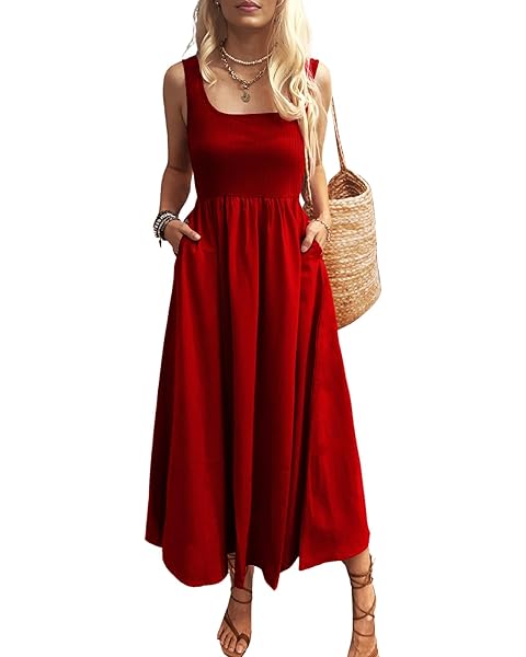 Women's Maxi Dress Summer Sleeveless Swing Sundress Casual Loose Tank Long Dresses ...