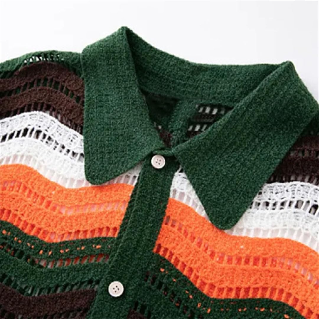Men’S Slim Fit Floral Crochet Knitted Polo Cardigan Short Sleeve Hollow Out Patchwork Retro Top Tee