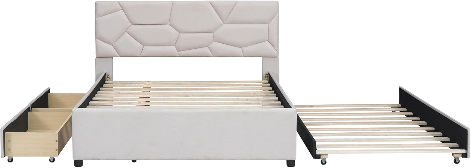 Linen Fabric Upholstered Platform Bed, Full Size Platform Bed with Twin Size Trundle and 2 Drawers, Elegant Upholstered Platform Bed with Brick Pattern Headboard