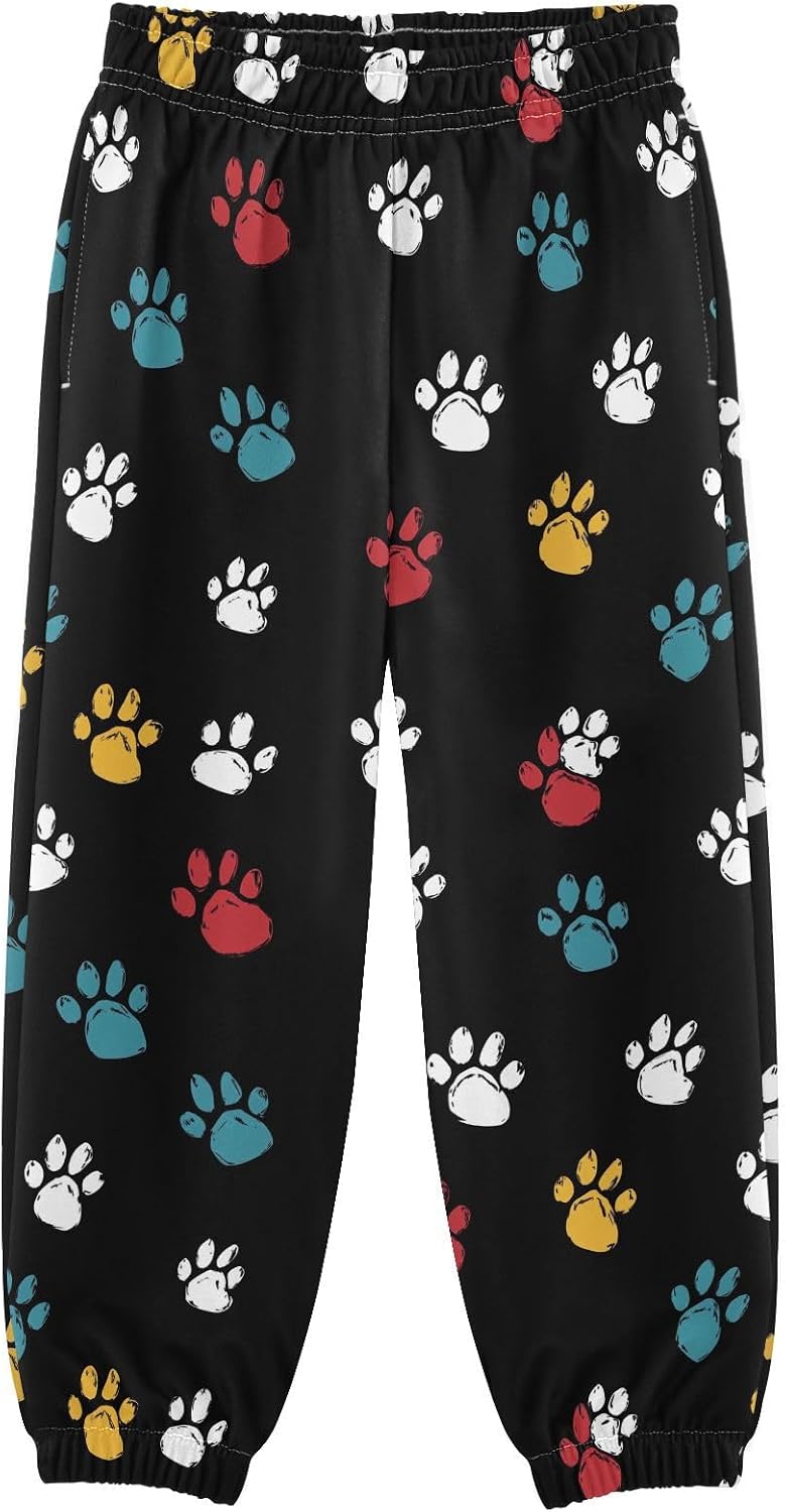 Boy Sweatpants Colorful Paw Print Joggers Casual Athletic Pants Kids Elastic Waist Cuffed with Pockets