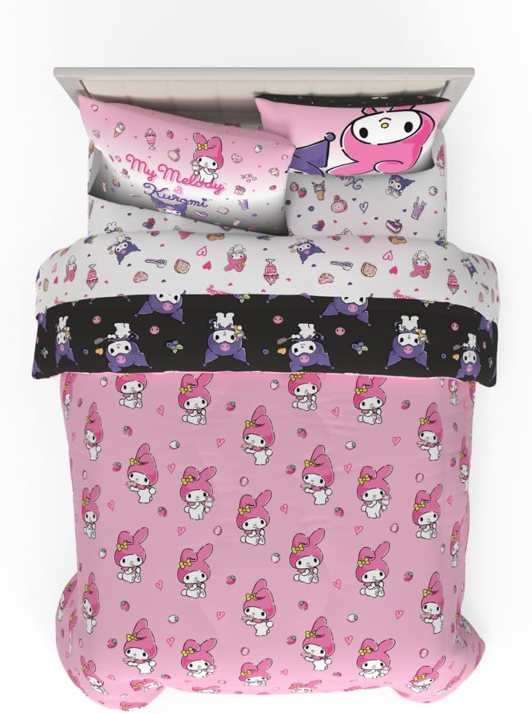 Sanrio Kuromi & My Melody Bedding 7 Piece Super Soft Cozy Reversible Comforter and Sheet Set with Sham, Full, (Officially Licensed Product) By Franco