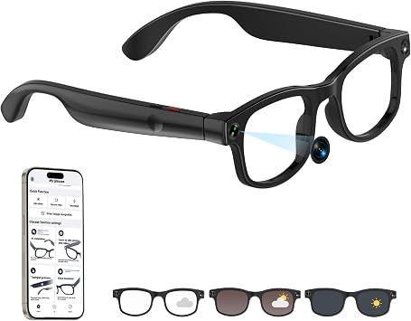 AI Smart Glasses with 1080P HD Camera, 8MP Storage, Open-Ear Bluetooth Audio, Dual Mic Noise Reduction, GPT Voice Assistant, Hands-Free Video for Travel, Vlogging & Meeting G1 Black 1080P 32Gb