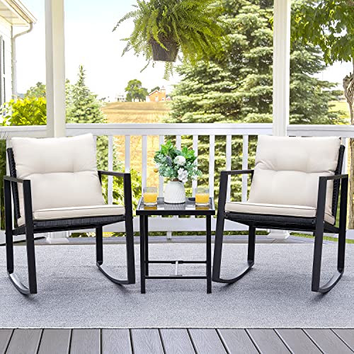 Devoko 3 Piece Rocking Bistro Set Wicker Patio Outdoor Furniture Porch Chairs Conversation Sets With Glass Coffee Table (Beige) #TOP1