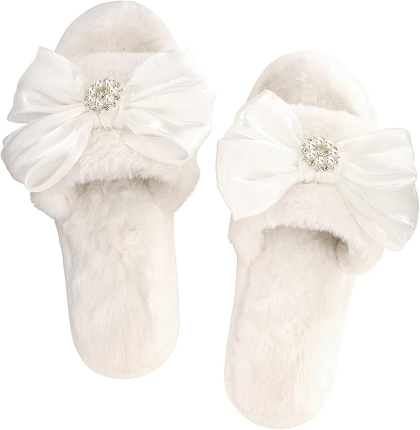 Bella Sleep + Spa Women's Fuzzy Bow Open Toe Slipper Slides Plush House Slippers, Medium, White Crystal