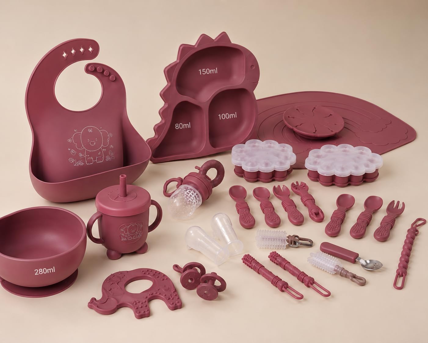 22-Piece Set Includes: Silicone Bib, Suction Plate, Suction Bowl, Straw Cup, Spoon, Fork, Fruit Feeder, Teether, Finger Toothbrush, Pacifier Clip & Essential Feeding Accessories.