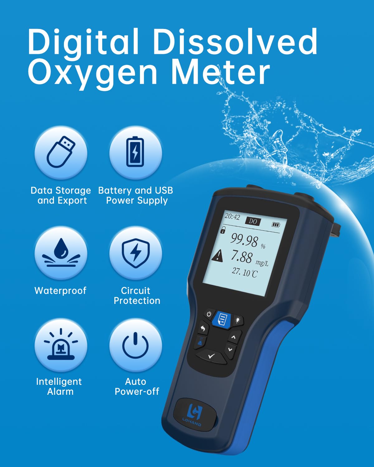 LOHAND Portable Fluorescent Dissolved Oxygen Meter, 0.01mg/L High Precision, Professional Digital Dissolved Oxygen Tester for Aquaculture/Wastewater Treatment, Range:0-20mg/L