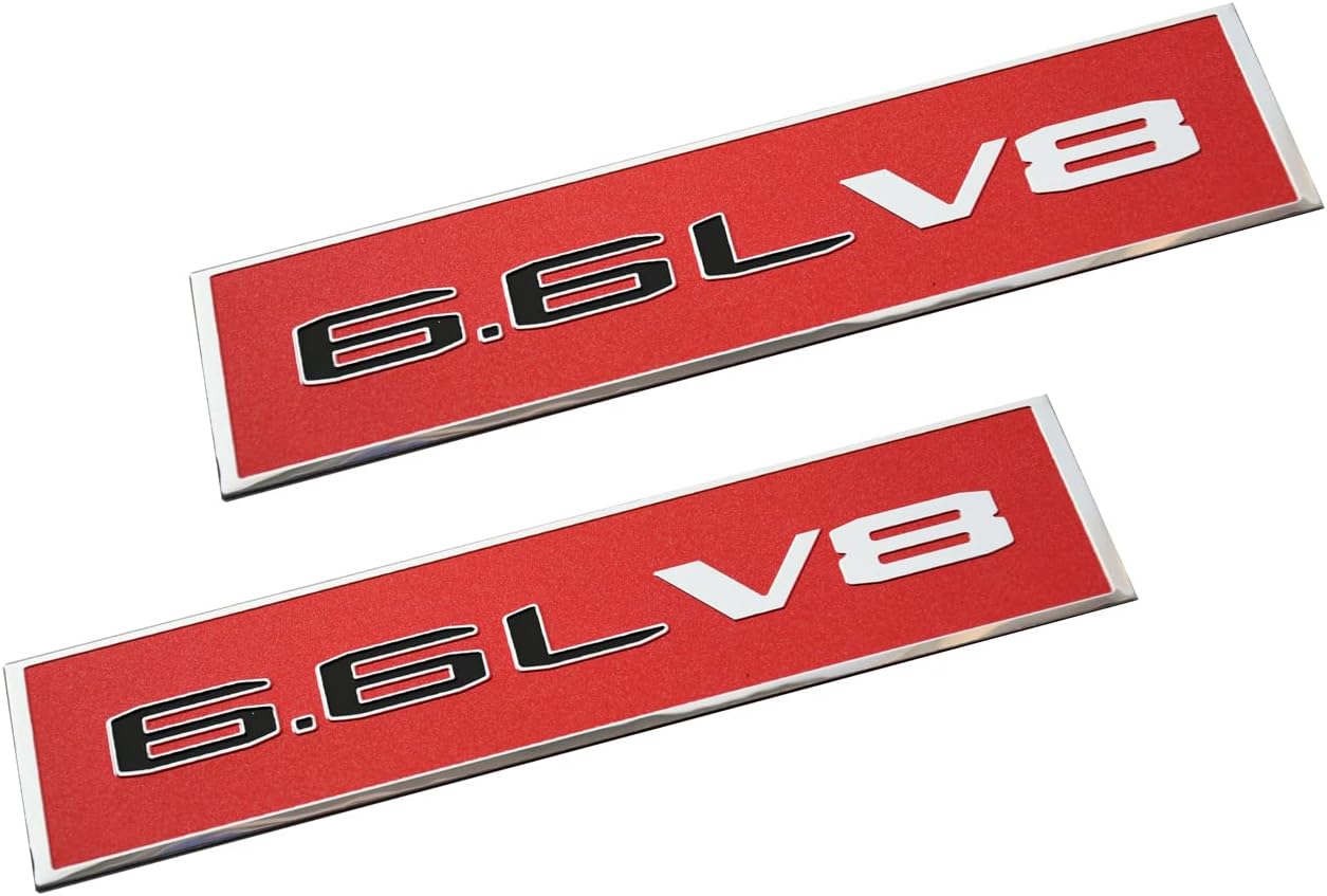 2-Piece Chrome & Red "SBC 400 6.6L" Metal Emblem Badge - Bumper Or Trunk Decal Sticker